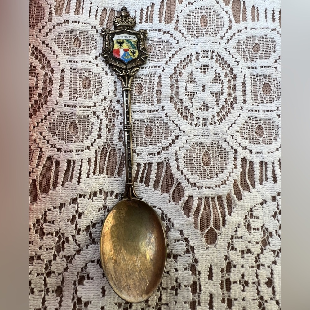 VINTAGE STERLING SILVER LIECHTENSTEIN ENAMEL SHIELD SOUVENIR SPOON